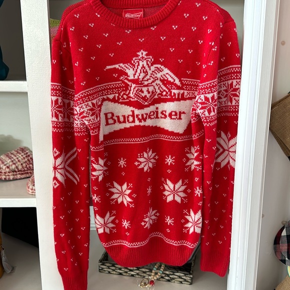 Budweiser Red/White Logo Printed Holiday Sweater Ugly Sweater size SMALL EUC - Picture 1 of 4